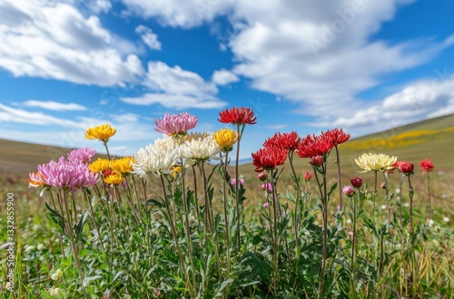 Vibrant Wildflowers Blooming in a Scenic Meadow Under a Bright Blue Sky with Fluffy White Clouds in a Sunny Day Landscape