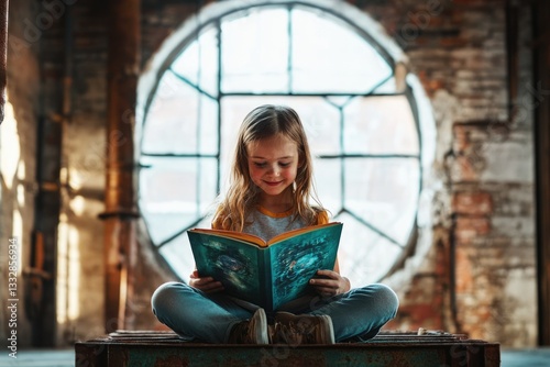A young girl engrossed in a captivating book, sits cross-legged in a rustic, industrial setting.