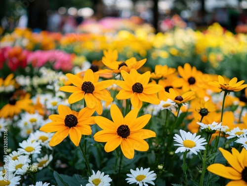 Vibrant Yellow Flowers Amidst Colorful Garden Landscape with Daisies and Various Floral Types in a Bright and Cheerful Outdoor Scene