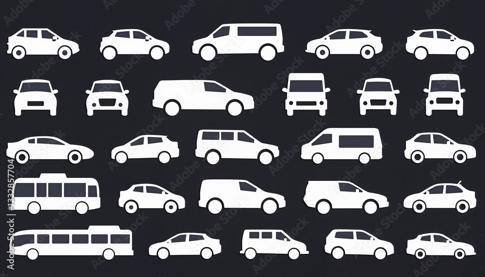 Minimal white transportation icons arranged neatly, clean design Minimal white transportation icons arranged neatly, clean design