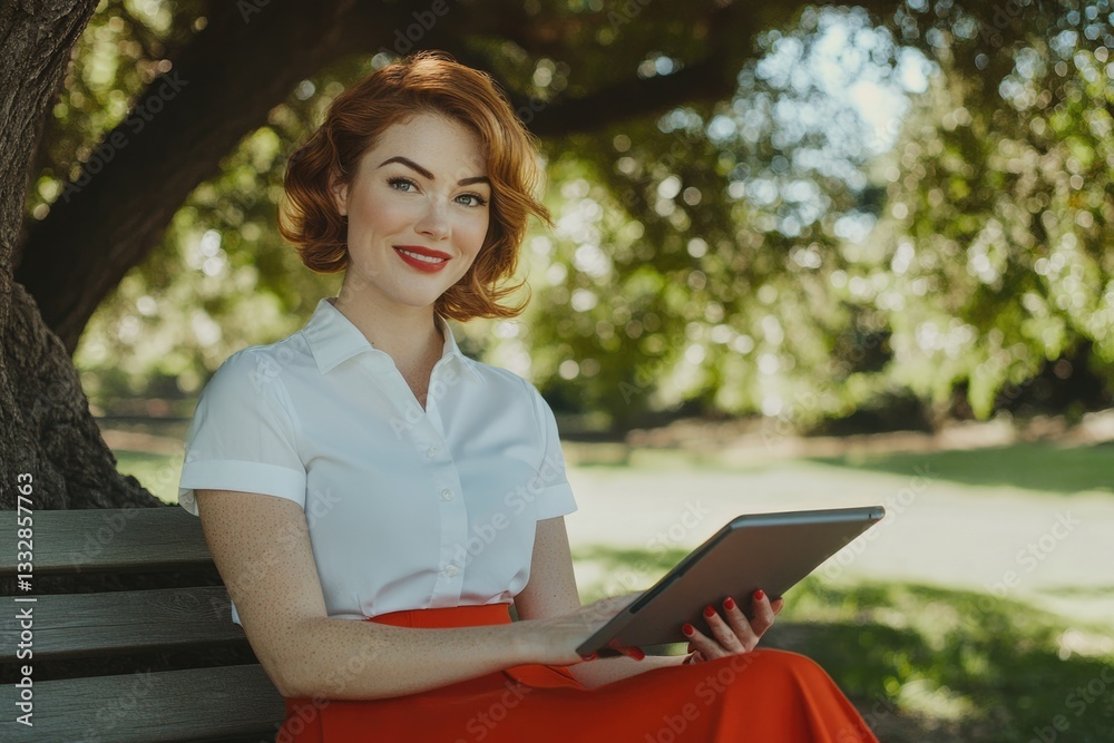 Obraz premium A smiling redhead woman in a retro style outfit uses a tablet while sitting on a park bench under a tree.