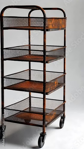 Vintage metal rolling cart with mesh shelves against a neutral backdrop