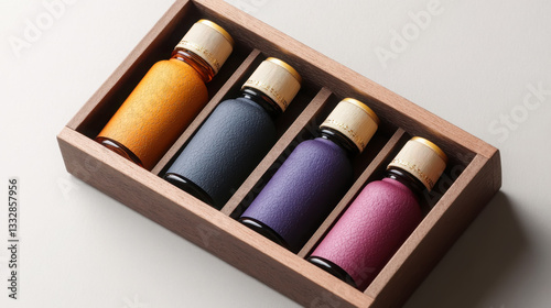 Premium handcrafted botanical dye ink bottles in elegant wooden box for art and design projects