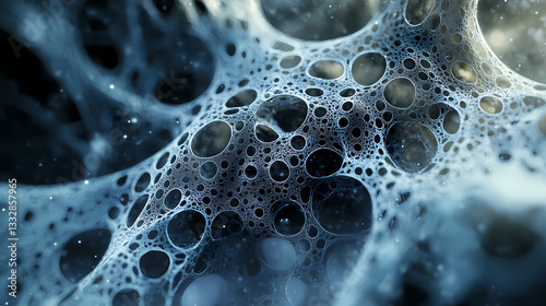 Organic mycelial data network biomorphic shapes conceal high tech wonders in tranquil industrial realm. Fungal Web. Illustration