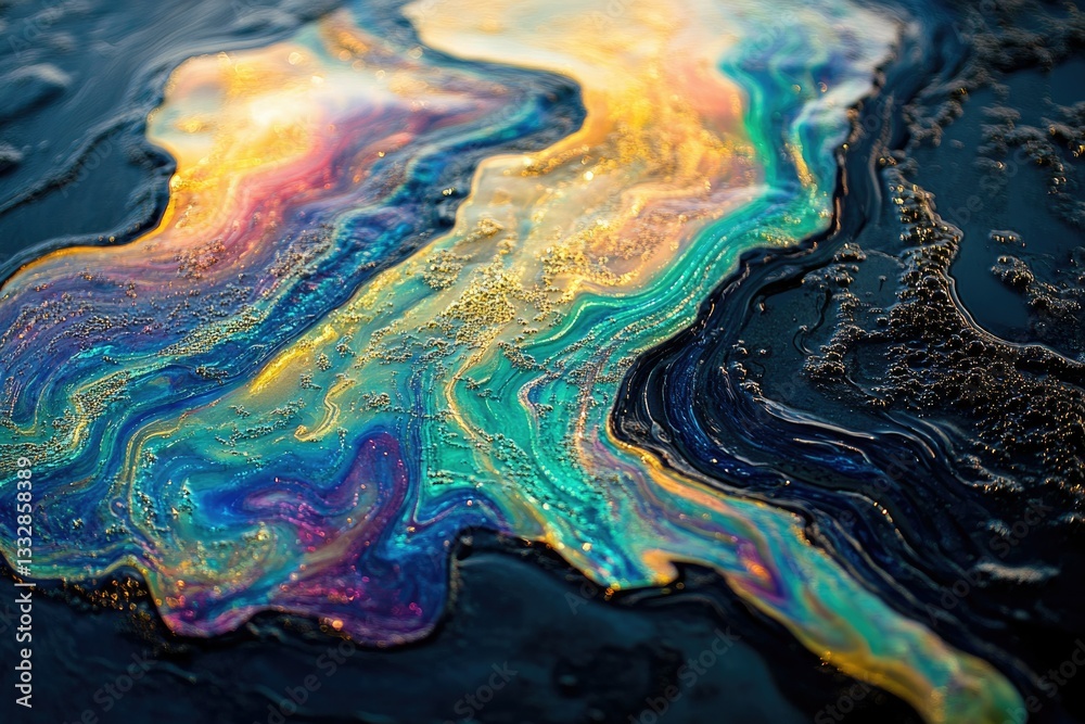 Obraz premium Abstract iridescent oil spill on dark surface, showcasing vibrant colors and textures.