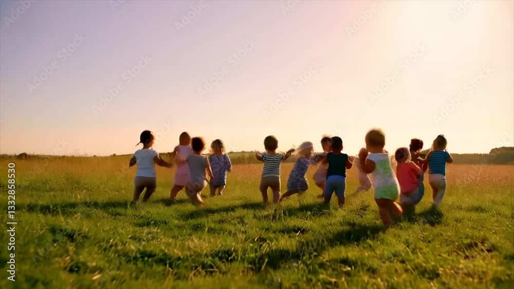 Happy small children and infants playing and running on green grass, enjoying a joyful outdoor moment.

