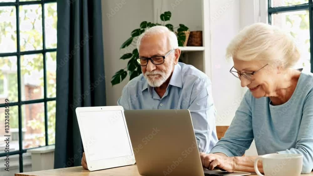 Senior couple using laptop computer together. Elderly man with gray beard and woman collaborating while browsing internet, showing active retirement lifestyle and technology adoption among seniors. Senior couple using laptop computer together. Elderly man with gray beard and woman collaborating while browsing internet, showing active retirement lifestyle and technology adoption among seniors.