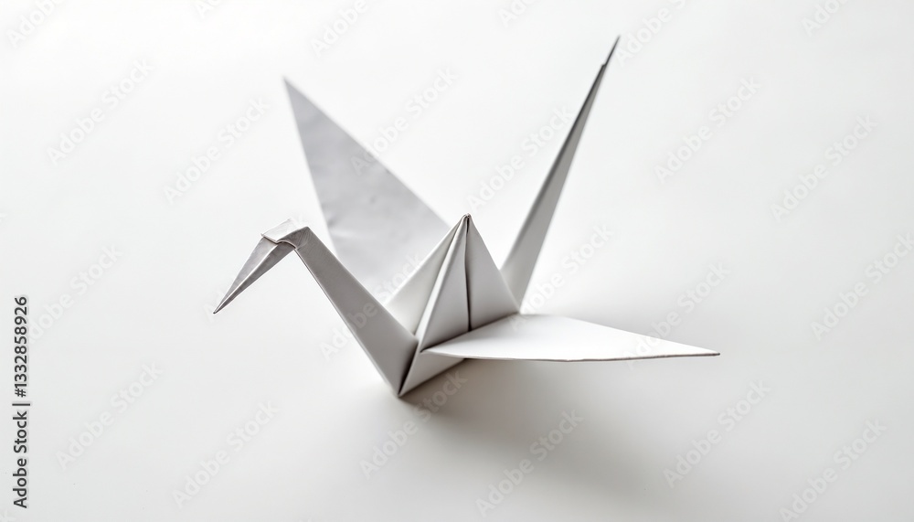 White origami crane on white background representing peace and creativity White origami crane on white background representing peace and creativity