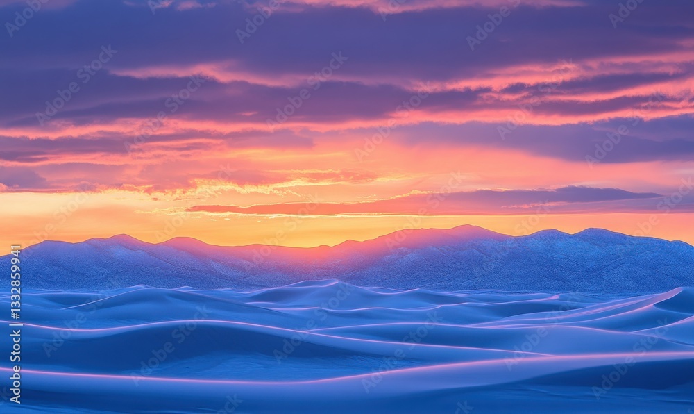 Fototapeta premium Colorful sunset above ocean waves with distant mountains and clouds.
