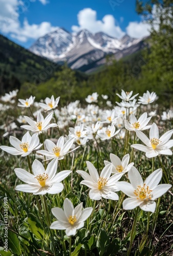 White wildflowers in a sunny meadow with majestic mountains and blue skies in the background, showcasing the beauty of nature and outdoors
