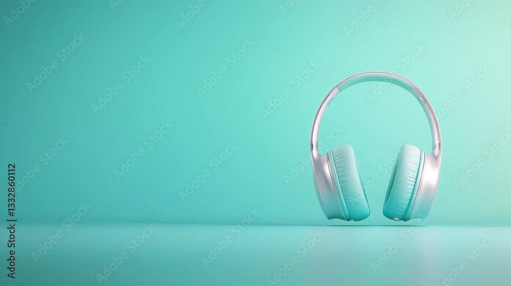 Sleek wireless headphones floating above turquoise background, representing contemporary audio technology with minimalist design and vibrant color palette Sleek wireless headphones floating above turquoise background, representing contemporary audio technology with minimalist design and vibrant color palette