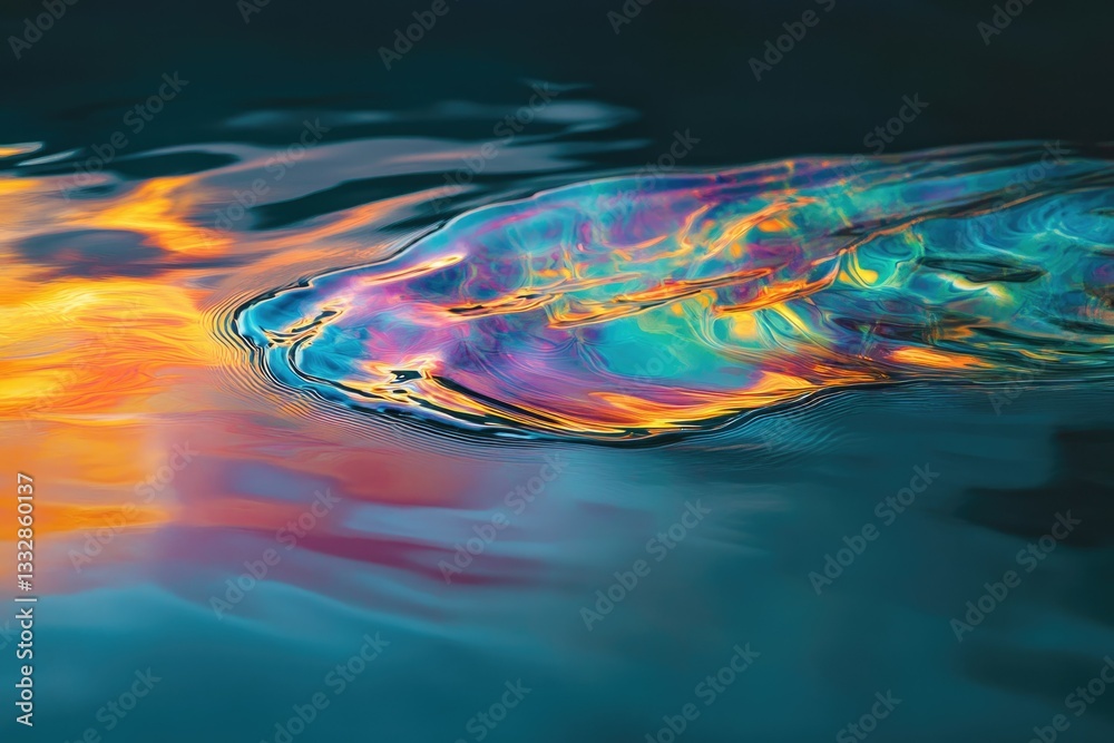 Fototapeta premium Vibrant iridescent oil slick on water surface, creating abstract patterns of color and light.