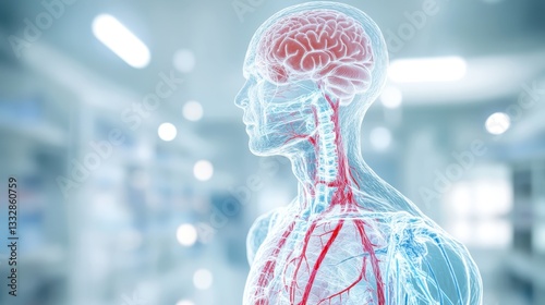 Medical visualization highlighting the complex network of arteries and veins supplying blood to the human brain, set against a blurred hospital environment