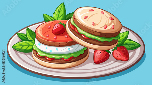 Two delightful ice cream cookie sandwiches with mint and strawberry layers on a plate, promising a sweet and refreshing indulgence to savor.