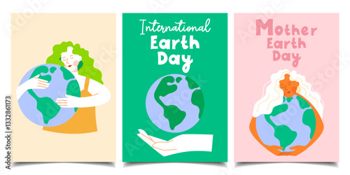 Set of postcards for International Earth Day. Girl hugging the globe