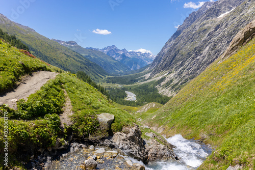 Beautiful mountain landscape of the Alps in summer on tour du Montblanc area near Courmayeur village in Val Ferret valley in Italy. European Alps stunning views of green valley with colorful flowers