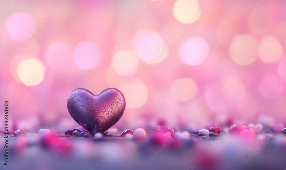 Obraz premium Valentine's Day scene featuring a sweetheart on the ground, set against a pastel-hued, glistening bokeh background.