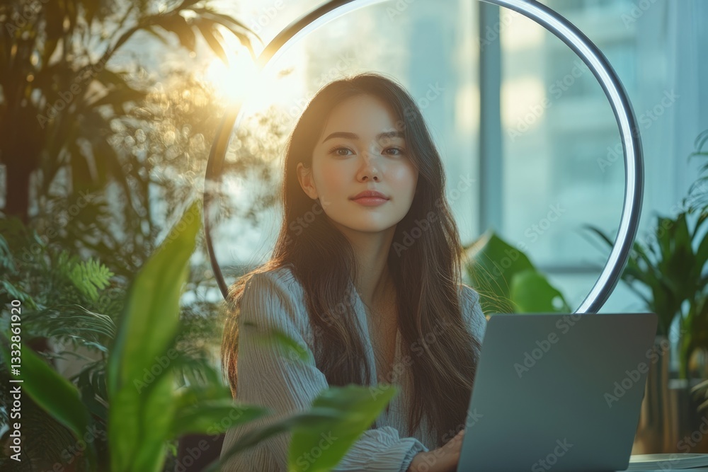 Fototapeta premium A young woman sits amidst lush greenery, working on her laptop, bathed in warm sunlight.
