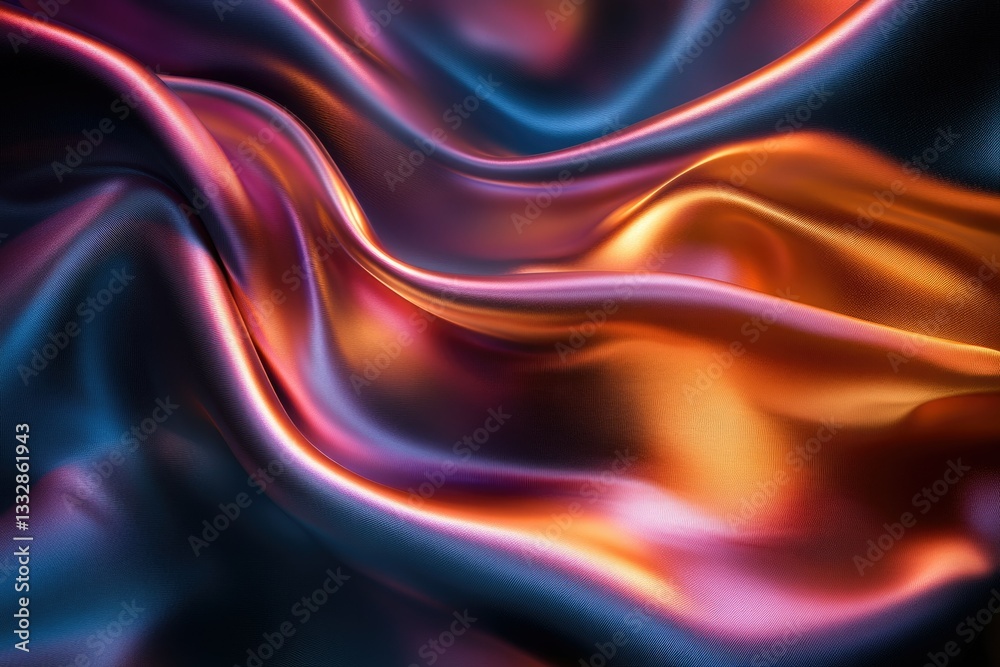 Abstract image of flowing, iridescent fabric with deep blues, oranges, and purples. Abstract image of flowing, iridescent fabric with deep blues, oranges, and purples.