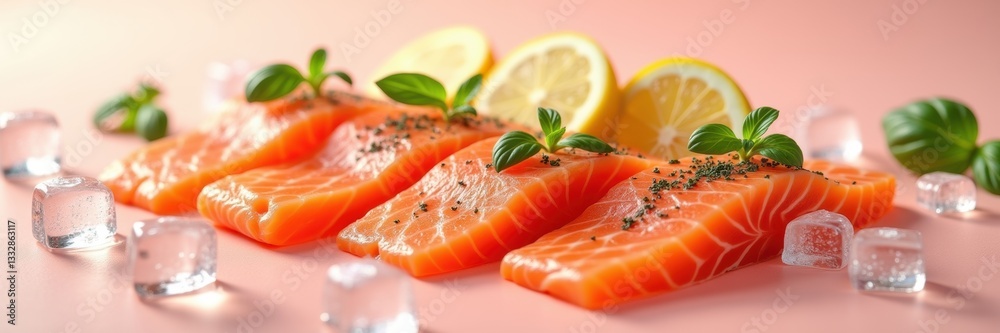 Fresh salmon fillets garnished with lemon slices and herbs, placed on a light pink background, ideal for culinary, health, or dietary projects. Fresh salmon fillets garnished with lemon slices and herbs, placed on a light pink background, ideal for culinary, health, or dietary projects.