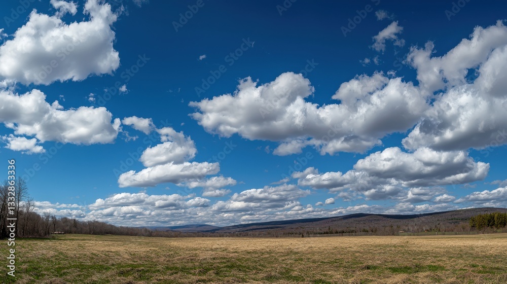 A wide meadow stretches across the landscape, showcasing golden grass and numerous fluffy clouds drifting in the blue sky. The scene embodies tranquility in a rural area A wide meadow stretches across the landscape, showcasing golden grass and numerous fluffy clouds drifting in the blue sky. The scene embodies tranquility in a rural area