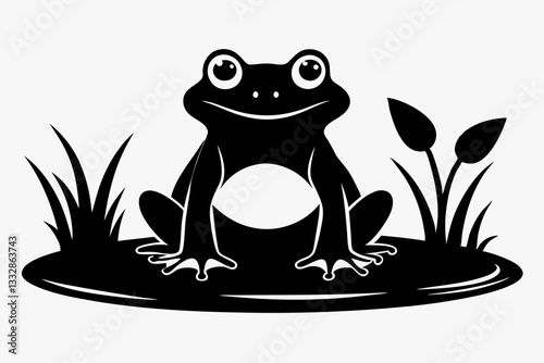 frog in the pond line art silhouette vector illustration