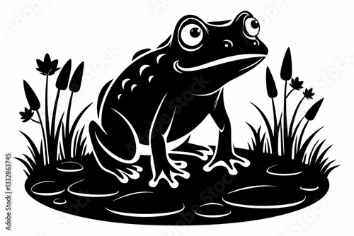 frog in the pond line art silhouette vector illustration