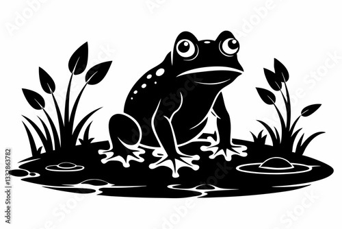 frog in the pond line art silhouette vector illustration