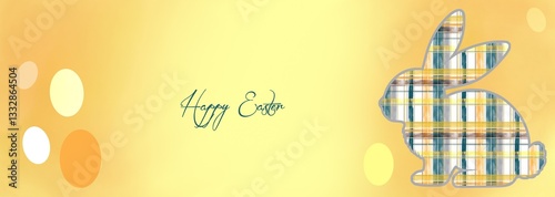 Wallpaper Mural New design with checkered silhouette of a sitting bunny and English text Happy Easter. Orange watercolor texture with copy space. Torontodigital.ca