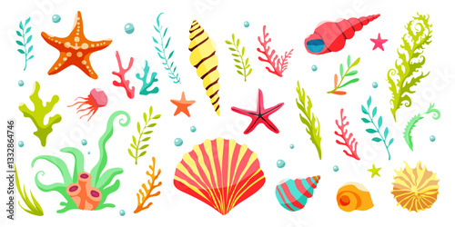 A colorful underwater scene with various sea creatures and plants. The image is a collection of different sea creatures, including a starfish, a shell, and a coral. The colors are bright and vibrant