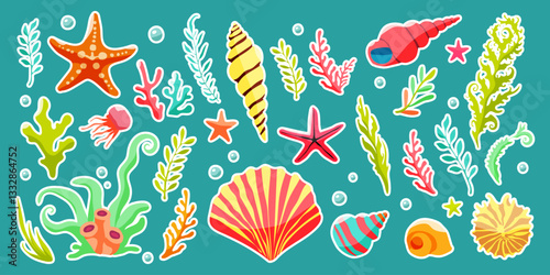 A collection of sea creatures including starfish, shells, and sea grass. The image has a vibrant and lively feel to it, with a focus on the ocean and its inhabitants
