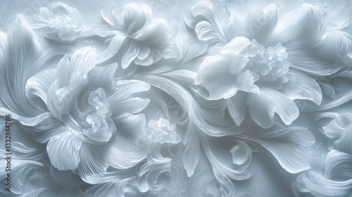 Intricate white floral designs are displayed on a smooth background, showcasing delicate textures and flowing lines that create a sense of elegance and artistry