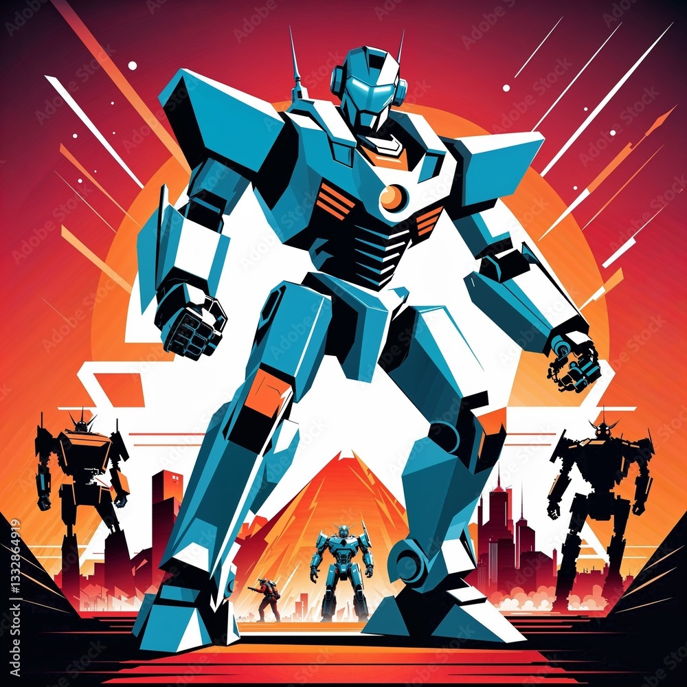 Stylized robots in bold colors, standing strong against a city skyline with a vibrant sunset background Stylized robots in bold colors, standing strong against a city skyline with a vibrant sunset background