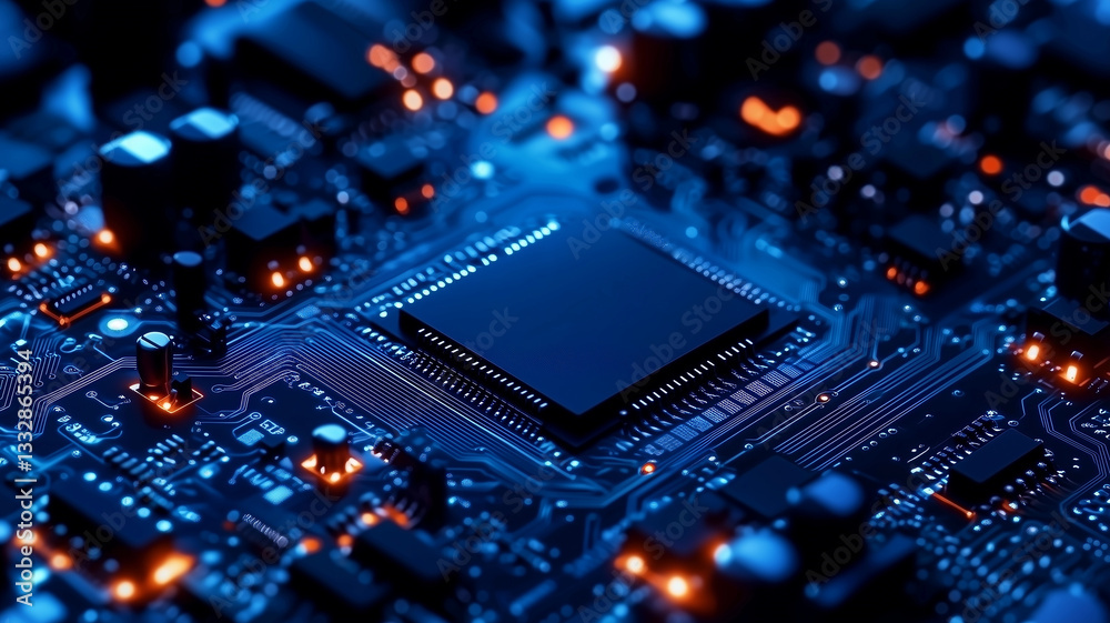 Artificial intelligence AI microchip on a futuristic blue circuit board with glowing digital connections Background Artificial intelligence AI microchip on a futuristic blue circuit board with glowing digital connections Background