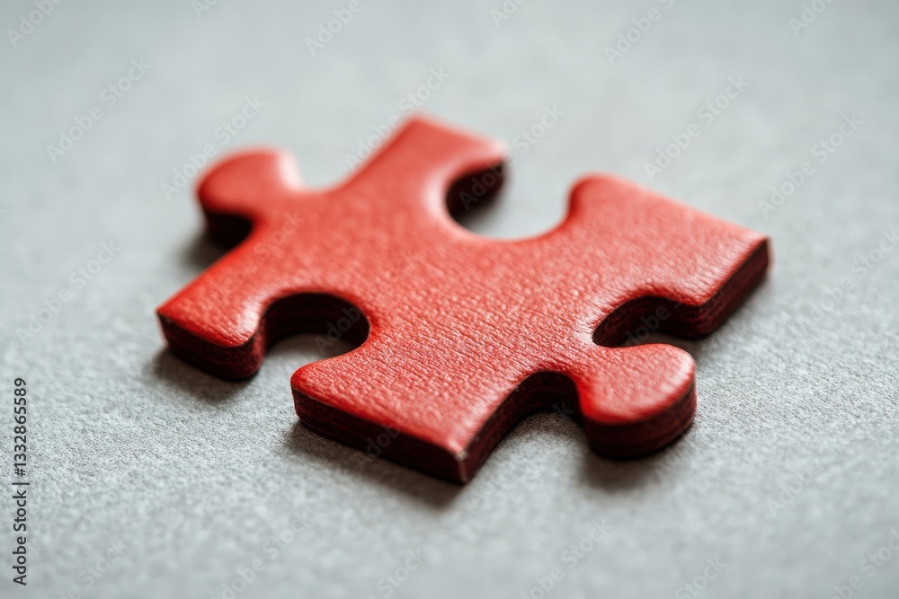 Fototapeta premium A single red puzzle piece rests on a neutral textured surface