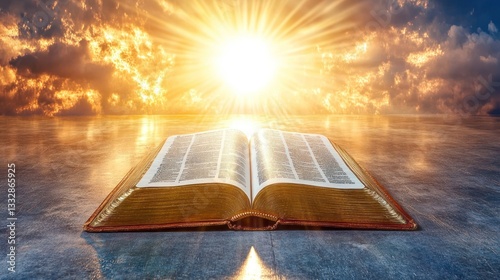 Divine Revelation: Holy Bible Open at Sunset