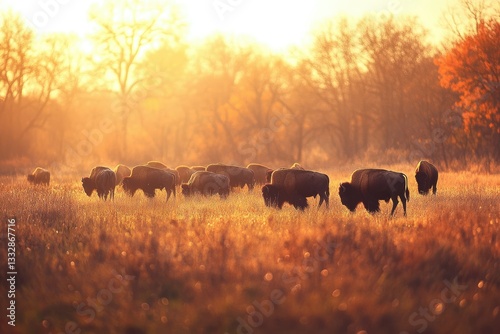 A herd of bison silhouetted against a golden autumn sunset in a serene prairie landscape.