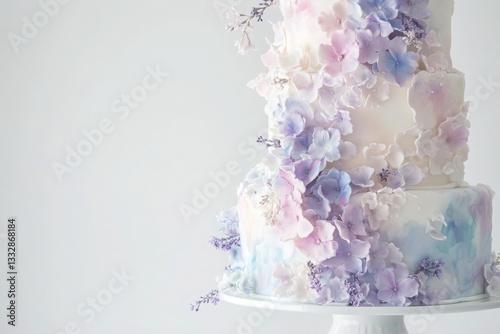 A dreamy, multi-tiered cake covered in a soft pastel watercolor glaze blending shades of lavender, sky blue, and blush pink.