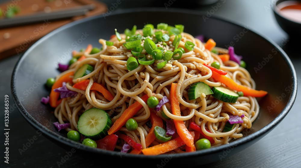 A colorful bowl of veggie noodles features green onions, red and orange bell peppers, and fresh vegetables, creating a delightful meal setting on a dark table A colorful bowl of veggie noodles features green onions, red and orange bell peppers, and fresh vegetables, creating a delightful meal setting on a dark table
