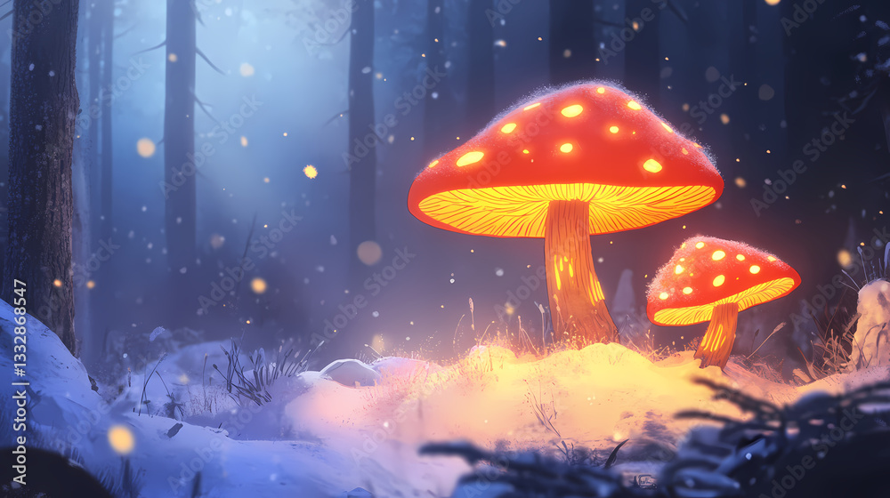 Glowing mushrooms in a snowy forest - a whimsical twist. background copyspace. Glowing Mushrooms. Illustration Glowing mushrooms in a snowy forest - a whimsical twist. background copyspace. Glowing Mushrooms. Illustration