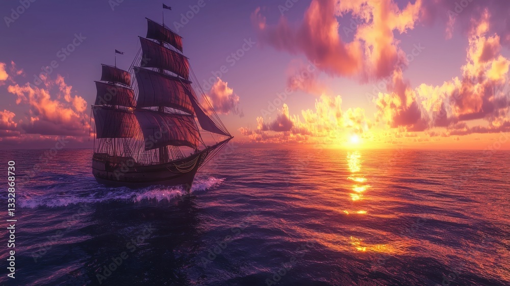 Obraz premium A beautiful ship navigates the calm waters as the sun sets on the horizon, casting warm hues across the sky and reflecting on the ocean's surface during twilight
