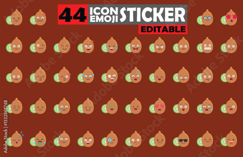 Collection of 44 Kiwi Emoji Stickers with Various Facial Expressions, Vector Set