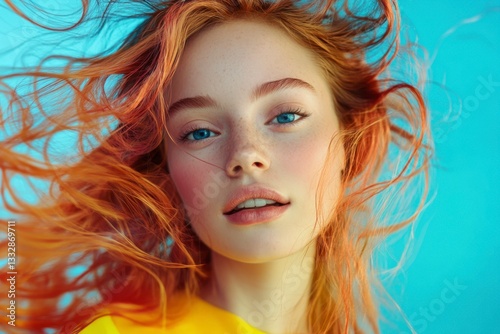 Close-up portrait of a beautiful young redhead woman with fair skin and freckles looking at the camera against a turquoise background