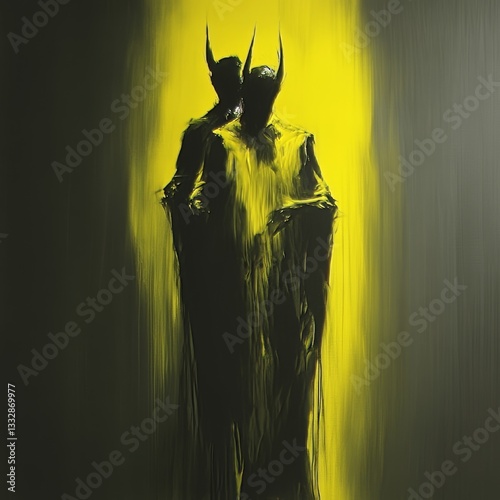 Abstract Painting of Two Horned Figures in Yellow Light