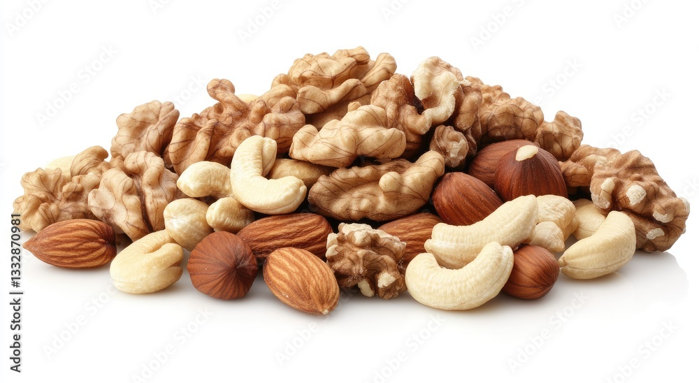 Assorted nuts pile, studio shot, white background, healthy snack Assorted nuts pile, studio shot, white background, healthy snack