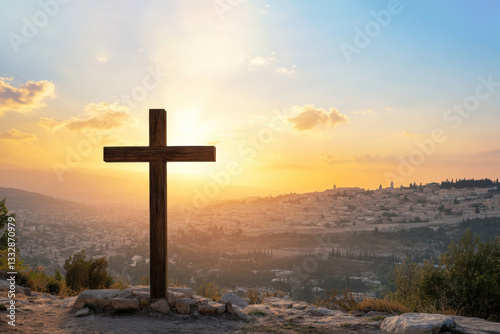 Wooden cross on a on a rocky hill with a sunrise backdrop. Religious symbol and divine light. Concept for faith, spirituality, Christianity, hope, peace.