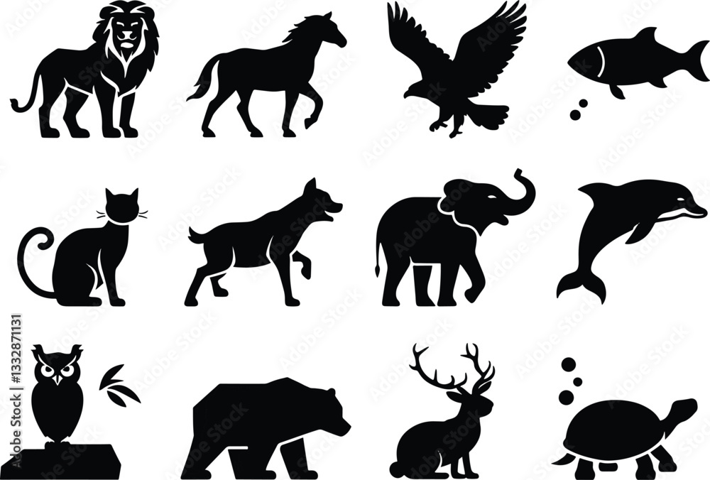 Fototapeta premium animals silhouettes vector illustration icon design, cow, tiger,lion,