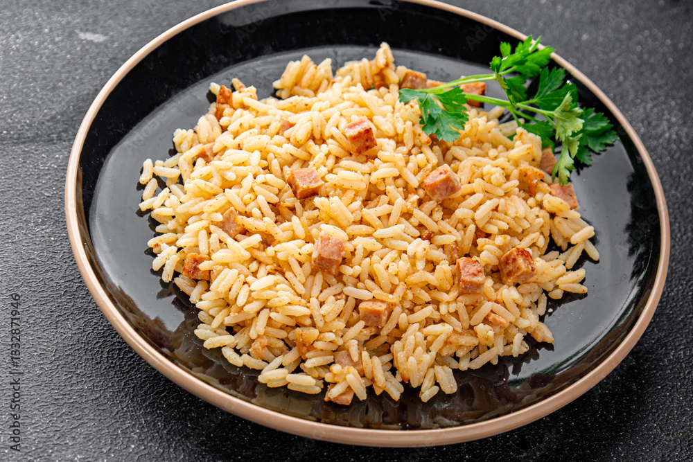 Rice ham meat main course fresh delicious gourmet food background on the table rustic food top view copy space