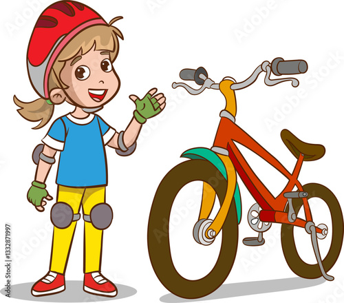 Happy little girl wearing helmet smiling and talking with her bike. Vector illustration isolated on white background