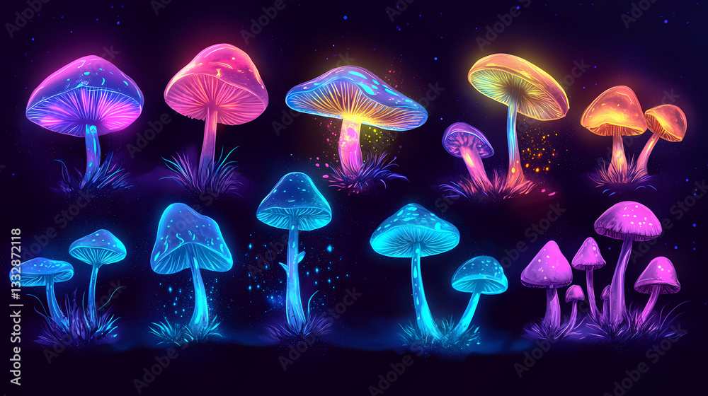 A collection of glowing neon mushrooms in various colors, creating an.. Glowing Mushrooms. Illustration A collection of glowing neon mushrooms in various colors, creating an.. Glowing Mushrooms. Illustration